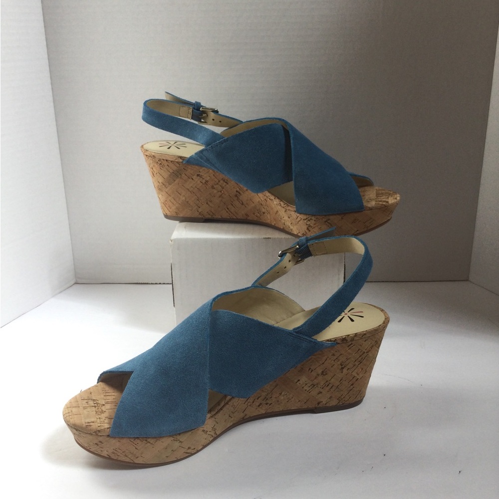 New Isaac Mizrahi Live Womens 9.5 Blue Suede Cork Wedge Peep Toe Sandals